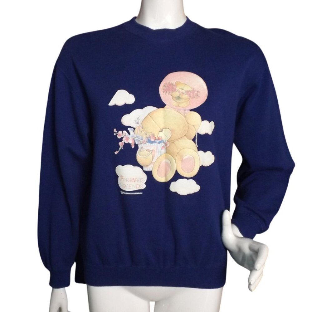 FOREVER FRIENDS Sweatshirt, M, Navy Blue, Teddy Bears/Balloons/Clouds, Vintage